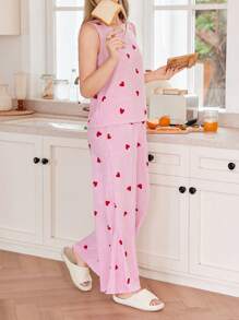 SHEIN 泡泡雪纺粉色条纹心形印花背心上衣和裤子女士睡衣套装粉色睡衣 - 彩色 - 查看 4