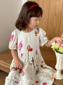 SHEIN Little Byeori 年轻女孩彩色花卉荷叶边下摆泡泡袖公主风连衣裙，韩版/日系时尚 - 彩色 - 查看 2