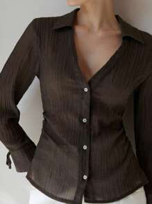 Aveloria Modichic Brown V-Neck Blouse, Featuring Ruched Waist Design For Added Texture, Stylish Cuff Details For Women Fall Cloth For Women - Brown - View 5