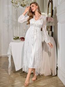 SHEIN 奢华蕾丝灯笼袖睡袍和纯色缎面连衣裙睡衣套装