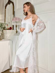 SHEIN 奢华蕾丝灯笼袖睡袍和纯色缎面连衣裙睡衣套装