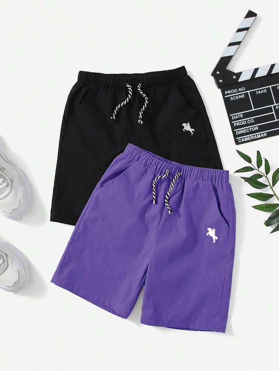 SHEIN Leap Crew 2 件套青少年男童休闲抽绳腰部编织短裤(每种颜色一件) - 紫色 - 查看 1