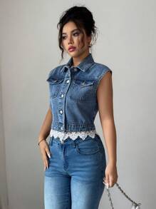 Elenzga Fashionable Elegant Ruffle Hem Sleeveless Denim Jacket - Light Wash - View 4