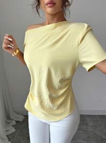 Modelyn French Style Asymmetrical Shoulder Slim Fit Blouse For Women - Yellow - View 6
