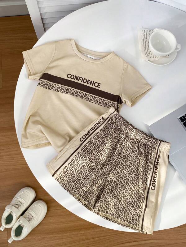 Conjunto casual de camiseta e shorts de manga curta para meninos, adequado para roupas infantis, roupas para meninos, conjuntos de volta às aulas para meninos, adequado para festas de aniversário, festas noturnas, apresentações, casamentos, cerimônias de abertura, uso diário, escola, viagens, esportes