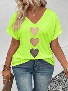 SHEIN Camiseta de mujer con cuello en V, mangas con volantes y estampado de corazón degradado, casual y versátil para primavera/verano