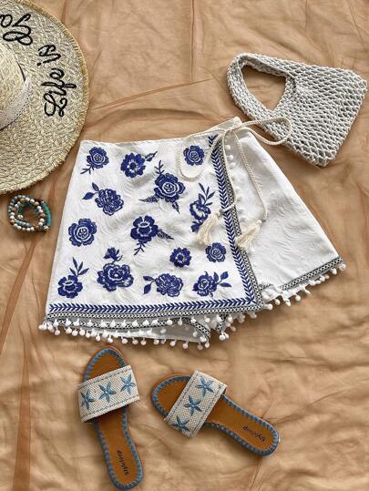 Soleia 女式波西米亚风格蓝白花卉刺绣流苏饰边系带裙，适合度假、约会、下午茶、海滩、游轮、城市度假、音乐节、波西米亚度假