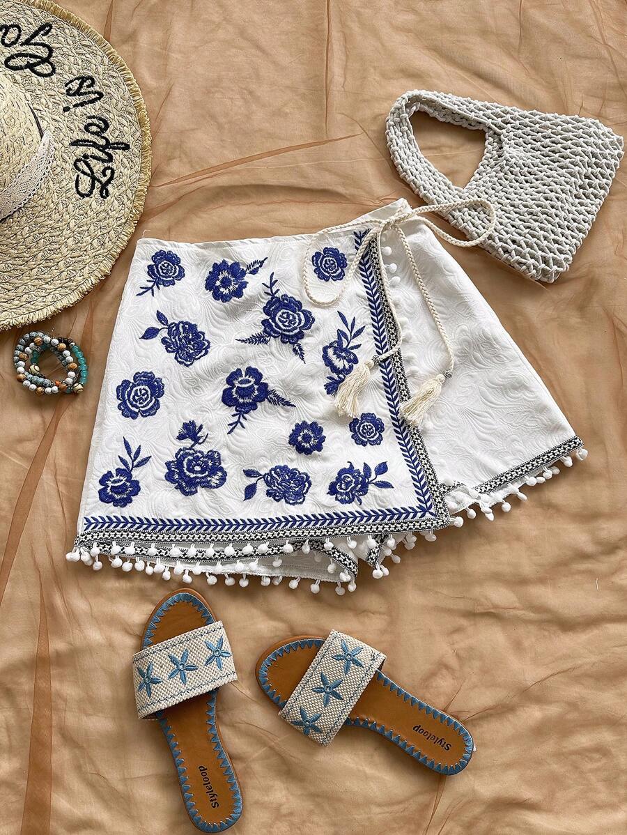 Soleia 女式波西米亚风格蓝白花卉刺绣流苏饰边系带裙，适合度假、约会、下午茶、海滩、游轮、城市度假、音乐节、波西米亚度假 - 藍白色 - 查看 1