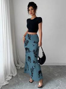 Elenzga Women's Elegant Floral Print Fishtail Hem Skirt - Blue - View 6