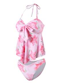 Swim Mod 2pcs/Set Summer New Design Floral Print Bowknot Strap Tankini Top And Bikini Bottom Swimsuit Set - Multicolor - View 6