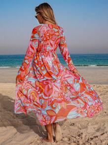 Swim Lushoire Women's Sexy Elegant Baroque Printed Swimsuit Cover Up For Beach, Pool, Date, Vacation - Kimono, Swimwear, Maxi Dress, Cover Up