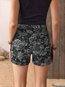 EMERY ROSE 女士夏季休闲全花卉印花牛仔短裤 - 黑色 - 查看 2