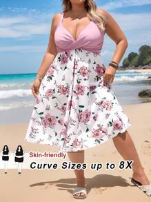SHEIN CURVE+ Plus Size Women Floral Print Criss-Cross Design Casual Strap Swim Dress Summer/Country/Beach Vacation Outfits/Beach Outfits/Beach Wear