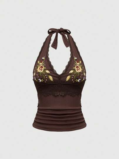 Hippie Top sin mangas con escote de pico de estilo gótico, inspirado en la naturaleza, con bordado floral y de abeja de color café, perfecto para vacaciones, para mujeres