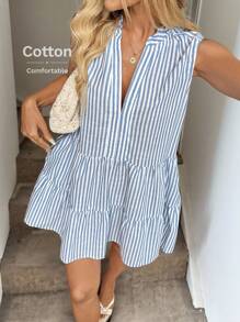 Easowa V 领荷叶边饰层层叠叠下摆 A 字型摆裙，棉质面料休闲度假优雅街头风无袖迷你连衣裙，适合女士，春夏 - 藍白色 - 查看 4