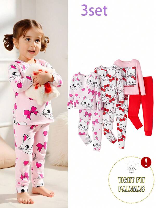 3 pièces Ensemble de pyjama ajusté à imprimé de papillon, licorne et fraise pour jeune fille, comprenant un haut à manches longues et un pantalon
