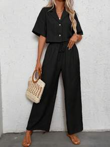 SHEIN PETITE 2pcs Women Vacation Casual Shirt & Pants Set - Black - View 5