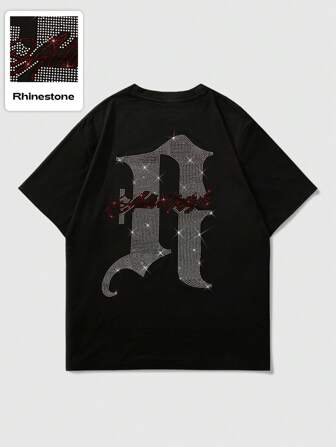 Herren Sommer Kurzarm T-Shirt mit Strass Englisch Grafik Muster, Rave