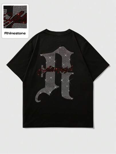 Camiseta de manga corta de verano para hombre con gráfico de texto en inglés con piedras rhinestone, para rave