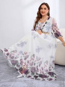 SHEIN Clasi Kurvenreiches Große Größen Elegantes und romantisches Chiffonkleid mit Positionsdruck, goldfarbene Kunstperlen-Spitze an der Taille, dunkelviolettes Kleid, fließendes Kleid, Cocktailkleid für Frauen, Fairycore, formelle Abendroben, bescheidenes Kleid, Konzert, Sommer, Sommeroutfits für Frauen