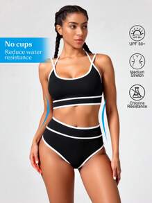 Swim Nautrix 女士两件套撞色边吊带比基尼 - 黑與白 - 查看 1