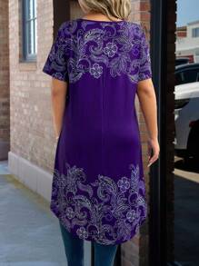 EMERY ROSE Fashionable Versatile Short Sleeve Round Neck Asymmetrical Hem Stretchy T-Shirt - Purple - View 2