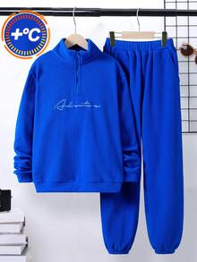 Cậu bé Tween Thêu Chữ Dây kéo mặt trước Thả vai Áo len & Quần nỉ - Màu xanh lam - Xem 1