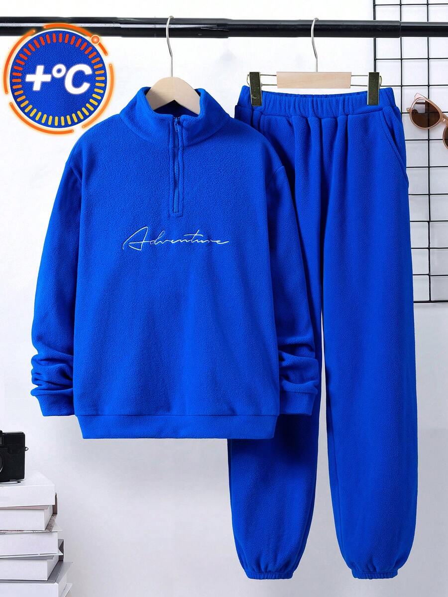 Cậu bé Tween Thêu Chữ Dây kéo mặt trước Thả vai Áo len & Quần nỉ - Màu xanh lam - Xem 1