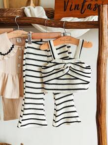 SHEIN Vintaside Kids Baby Girl Summer Fashionable Stylish High-End Striped Camisole Top And Matching Striped Long Wide Leg Pants 2-Piece Set, Suitable For Summer Camping, Vacation, Leisure Or Attending Parties