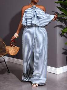 SHEIN CURVE+ 大码女装/秋季服装/秋季女装/冬季女装/冬季女装大码条纹印花荷叶边吊带连体衣 - 藍色 - 查看 5