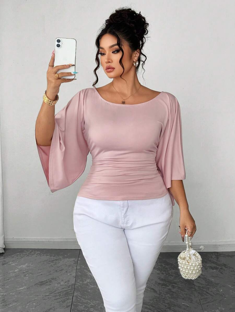 SHEIN Elenzya Áo thun cổ tròn tay loe dệt kim co giãn cao cỡ lớn màu trơn thanh lịch cho nữ - Bụi hồng - Xem 1