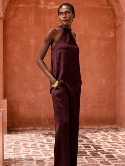 Maija Women's Elegant Solid Color Halter Top & Long Pants 2 Pieces Suit, Fashionable Commuting Casual Office Lady Outfit,Autumn Outfits For Women, Christmas Women's Clothing