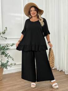 SHEIN CURVE+ 女式两件套简约休闲短袖娃娃衬衫 T 恤和裤子套装，加大码，适合夏季穿着夏季/乡村/海滩度假装/沙滩装/沙滩装 - 黑色 - 查看 8