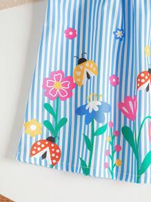 SHEIN Playful Pals 女宝宝连衣裙全碎花吊带蝴蝶结夏季优雅清新连衣裙蓝条纹幼儿连衣裙碎花幼儿连衣裙幼儿女童度假连衣裙 - 彩色 - 查看 6