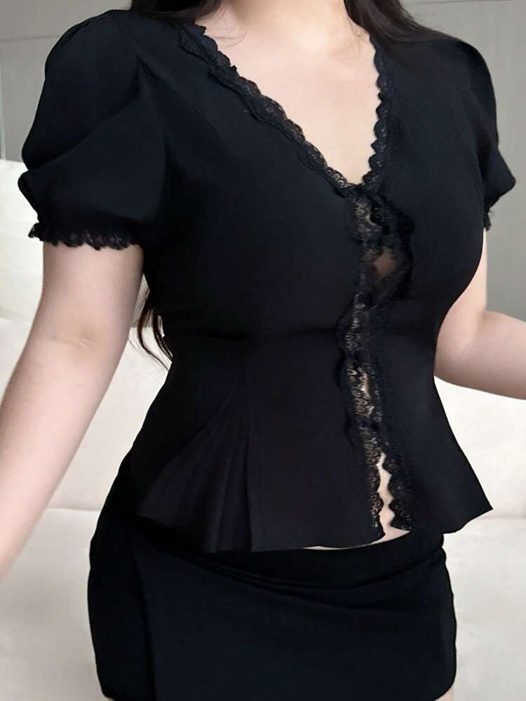 Plus Size Women's Deep V-Neck Contrast Lace Open Front Cinched Waist Puff Sleeve Sexy Black Blouse Preppy Tops