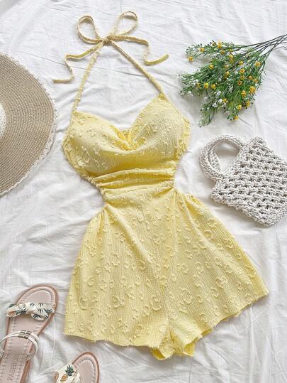 Soleia Women's Holiday Yellow Heart Cutout Textured Fabric Halter Tied Collar Waist Cutout Loose Romper Shorts, Suitable For Party, Afternoon Tea, Date, City Street Vacation, Layering,Back To School,Homecoming