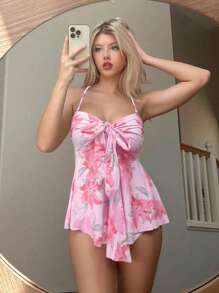 Swim Mod 2pcs/Set Summer New Design Floral Print Bowknot Strap Tankini Top And Bikini Bottom Swimsuit Set - Multicolor - View 1