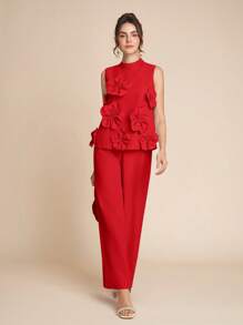 Amorya 女士时尚优雅浪漫 3D 花卉上衣和阔腿裤两件套 - 紅色 - 查看 4
