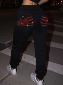 SHEIN Rhinestone Skeleton Hand Pattern Sweatpants - Black - View 1