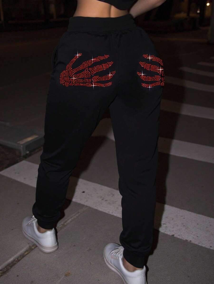 SHEIN Rhinestone Skeleton Hand Pattern Sweatpants - Black - View 1