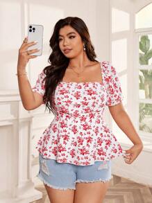 SHEIN Clasi Camisa casual y elegante de talla grande para mujer con cuello cuadrado, mangas abullonadas, cintura y volantes en el bajo con estampado floral - Multicolor - Ver 1