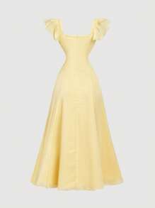 SHEIN MOD Váy xòe tay lỡ màu vàng thắt eo - Màu vàng - Xem 2