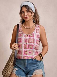 Freevana Plus Size Contrast Color Grandma Plaid Pattern Round Neck Sleeveless Single-Breasted Casual Summer Tank Top Summer - Multicolor - View 1