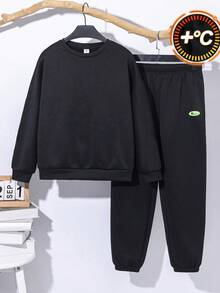 Bộ 2 món/Bộ áo hoodie cổ tròn in chữ Graffiti thường ngày cho bé trai tuổi teen + quần dài rút dây, Bộ đồ dệt kim màu đen, Thích hợp mặc đi học, làm vườn, đi biển, sinh nhật vào mùa xuân, hè, thu, đông - màu đen - Xem 2