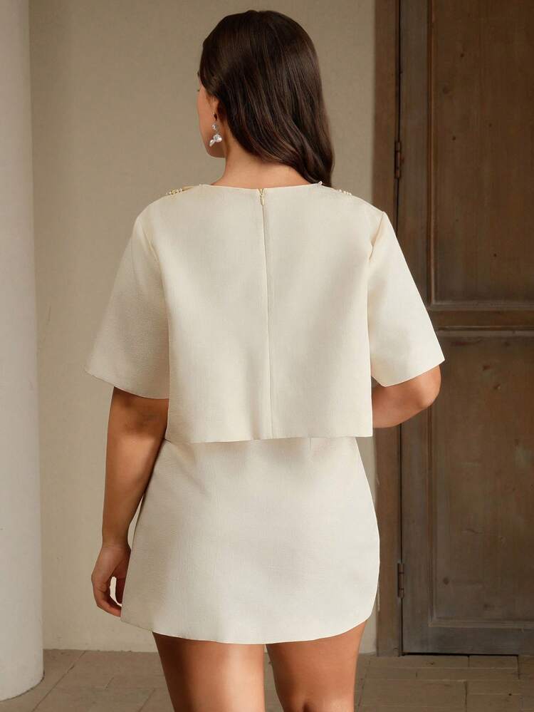 Plus Size Elegant Urban Round Neck Short Sleeve Top And Mini Skirt Set, Handmade Beaded Two Pieces Outfits For Women, Spring/Summer