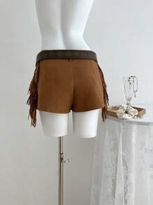 SHEIN Unity Quần short nữ lưng thấp tua rua phong cách nghỉ dưỡng Bohemian cổ điển, xuân/hè - màu nâu - Xem 2