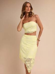 COSMINA 2pcs Women's Elegant Lace Vacation Tube Top & Yellow Skirt Set, Wedding Season, Spring/Summer