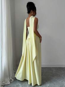 Rafferiza 新款时尚高开衩连衣裙，不对称拼接，露肩，飘逸腰带，性感优雅的设计，适合度假、浪漫约会、毕业派对、婚礼 - 淡黃色 - 查看 2