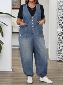 EMERY ROSE Plus Size Women Casual Street Style Flap Pocket Distressed Denim Jumpsuit