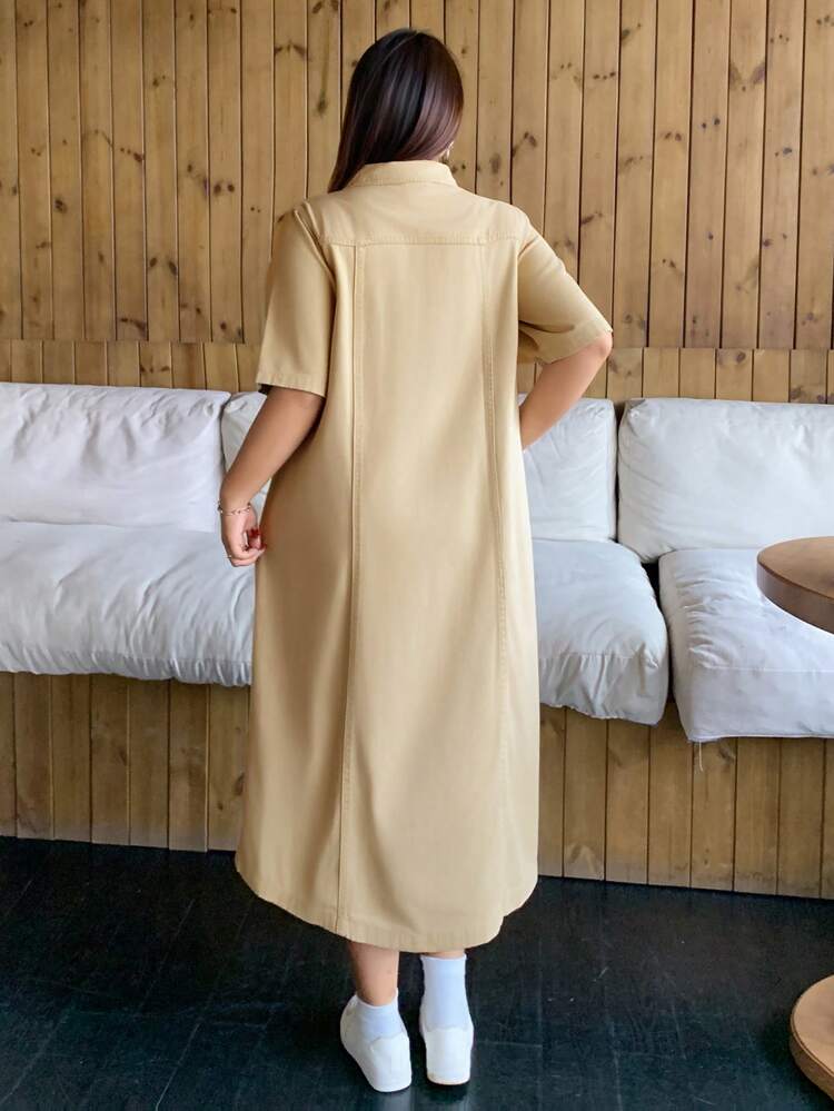 Dazy Plus Plus Size Washed Khaki Turndown Collar Open Front Short Sleeve Pocket Decor Straight Denim Dress, Summer Maxi Dress